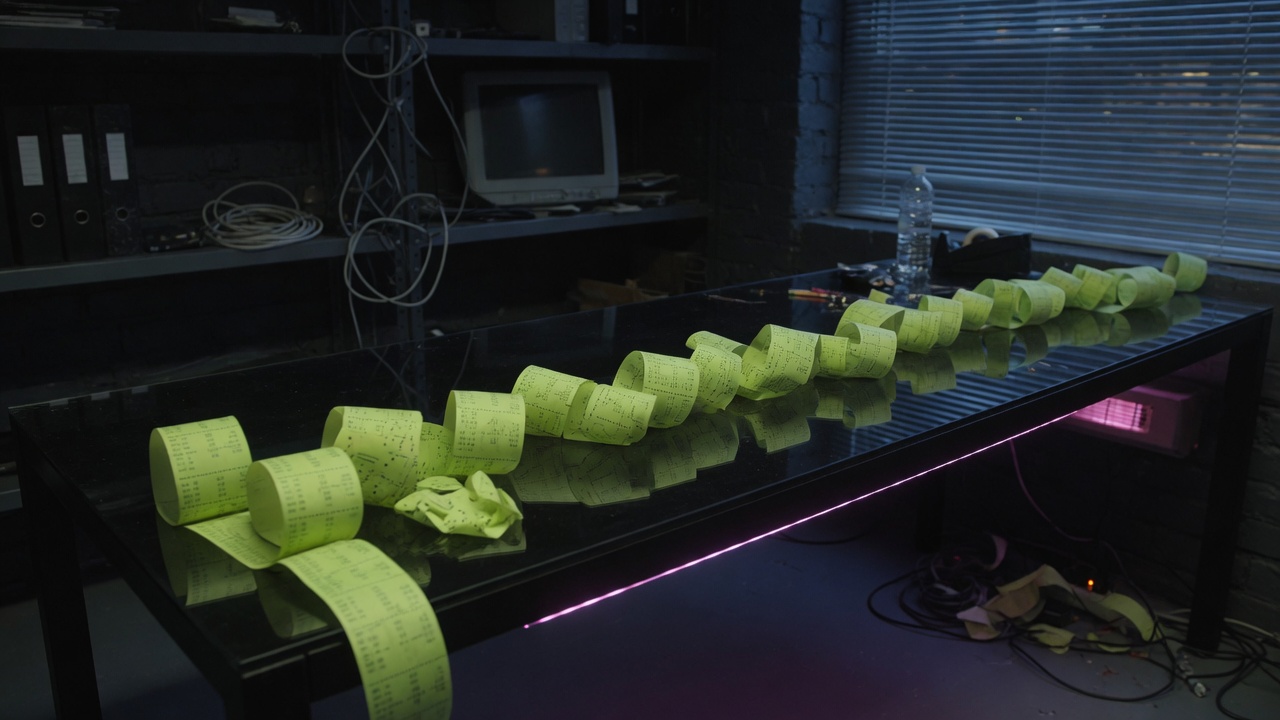 Lime ticker ribbon unspooling across a dark loft desk